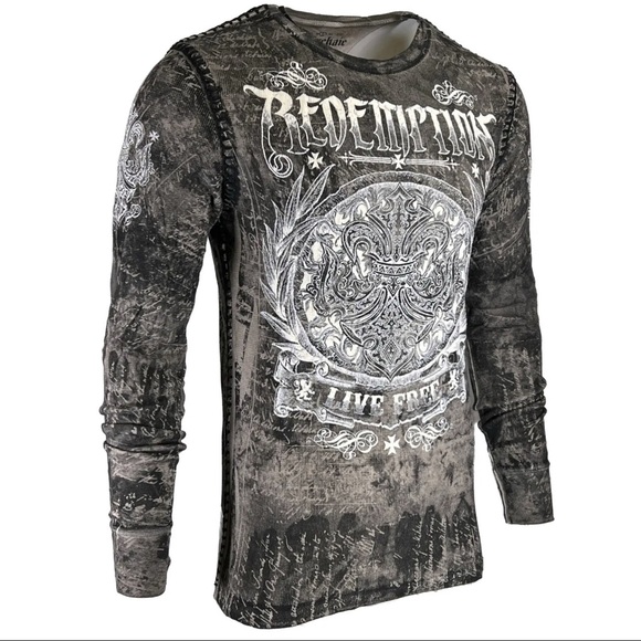 Archaic by Affliction Men's Thermal Shirt SHIELDED Wing Biker Gray - Picture 4 of 9